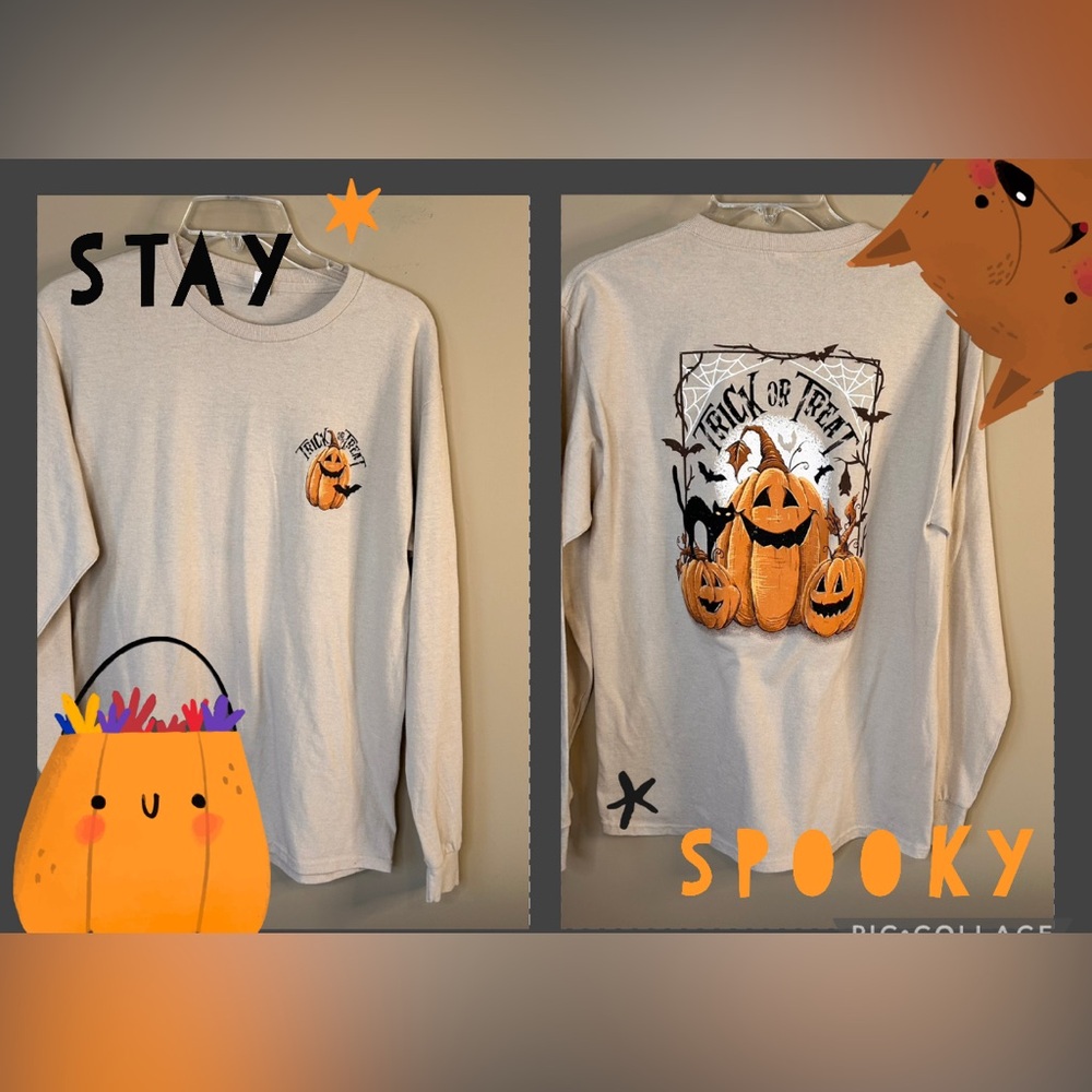 Jerzees Tan Long Sleeve Trick or Treat Tee with Pumpkin Design